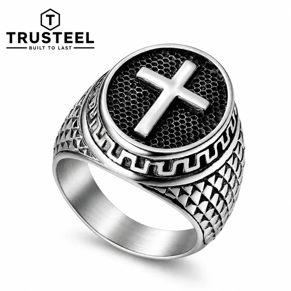 Men’s Stainless Steel Cross Signet Ring Christian Gothic Biker Statement Size 8